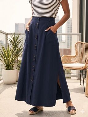 audrey Navy Button-Front Maxi Skirt with Side Slits on both sides
